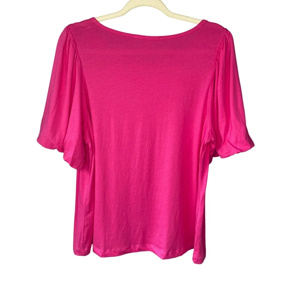LOFT Women Lg Pink Bubble Puff Sleeve Scoop Neck Pleated‎ Knit Top Short Sleeve